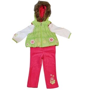 Kids Headquarters Infant Girl Flower Shirt Quilted Hooded Vest Fleece Pants Set